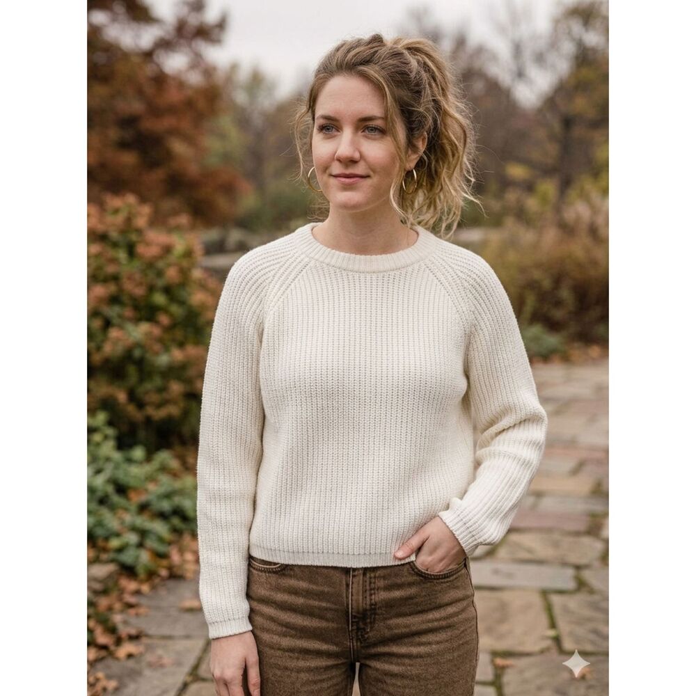 Quince 100% Organic Cotton Fisherman Crew Neck Sweater, Cream, Size XL